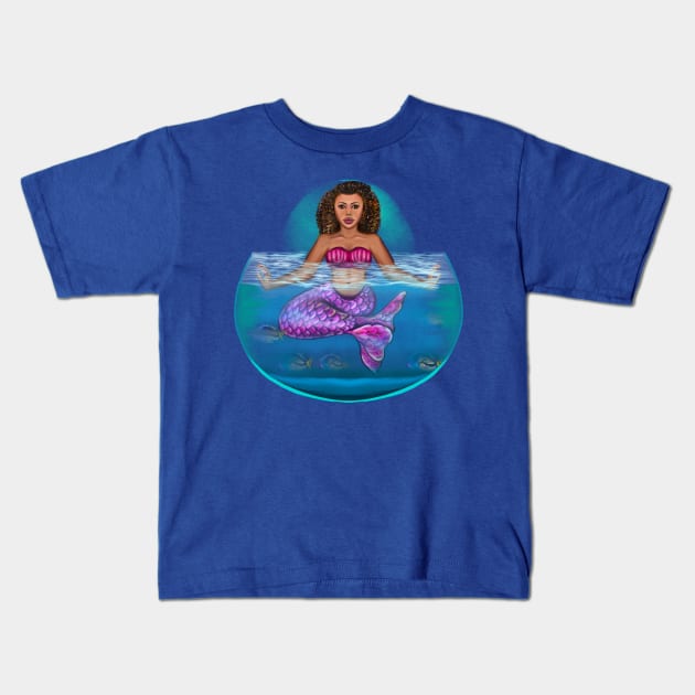 Mermaid pose underwater Cute  mermaid siting cross legged, brown eyes, Curly hair  and caramel brown skin - light background Kids T-Shirt by Artonmytee